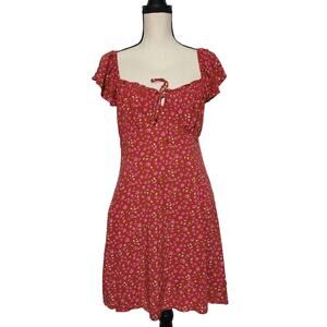 Red Floral Flutter Sleeve Milkmaid Smocked Flirty Mini Dress Size L Feminine
